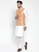Thumbnail for Jompers Men's Solid Dupion Kurta Pajama with Embroidered Nehru Jacket (Peach) - Distacart