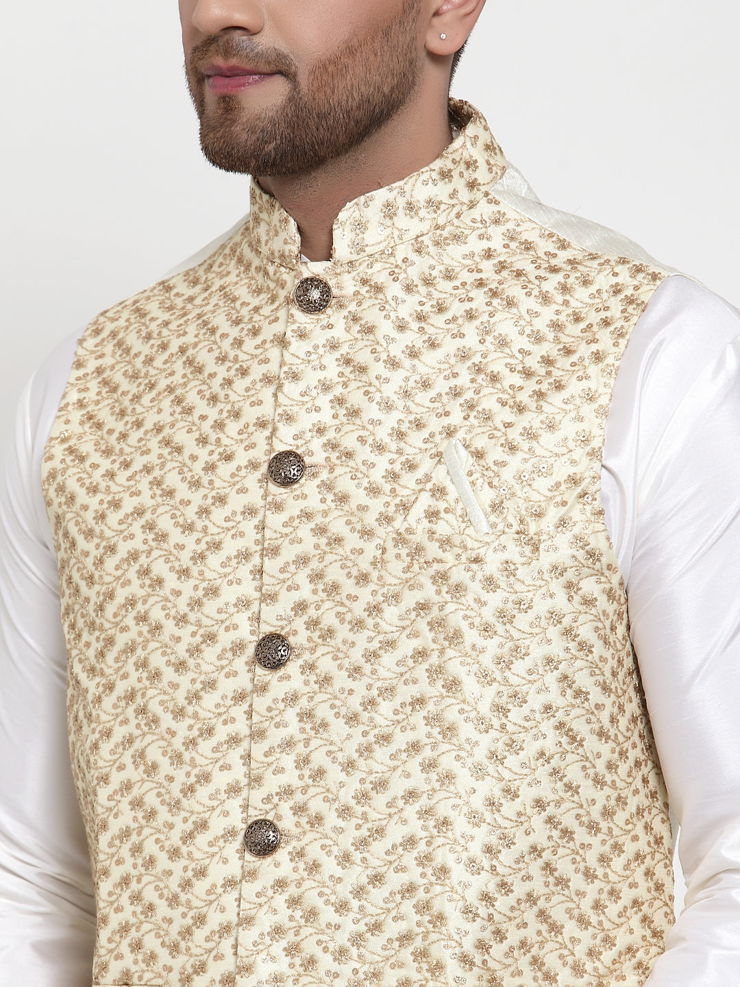 Jompers Men's Solid Dupion Kurta Pajama with Embroidered Nehru Jacket (Cream) - Distacart