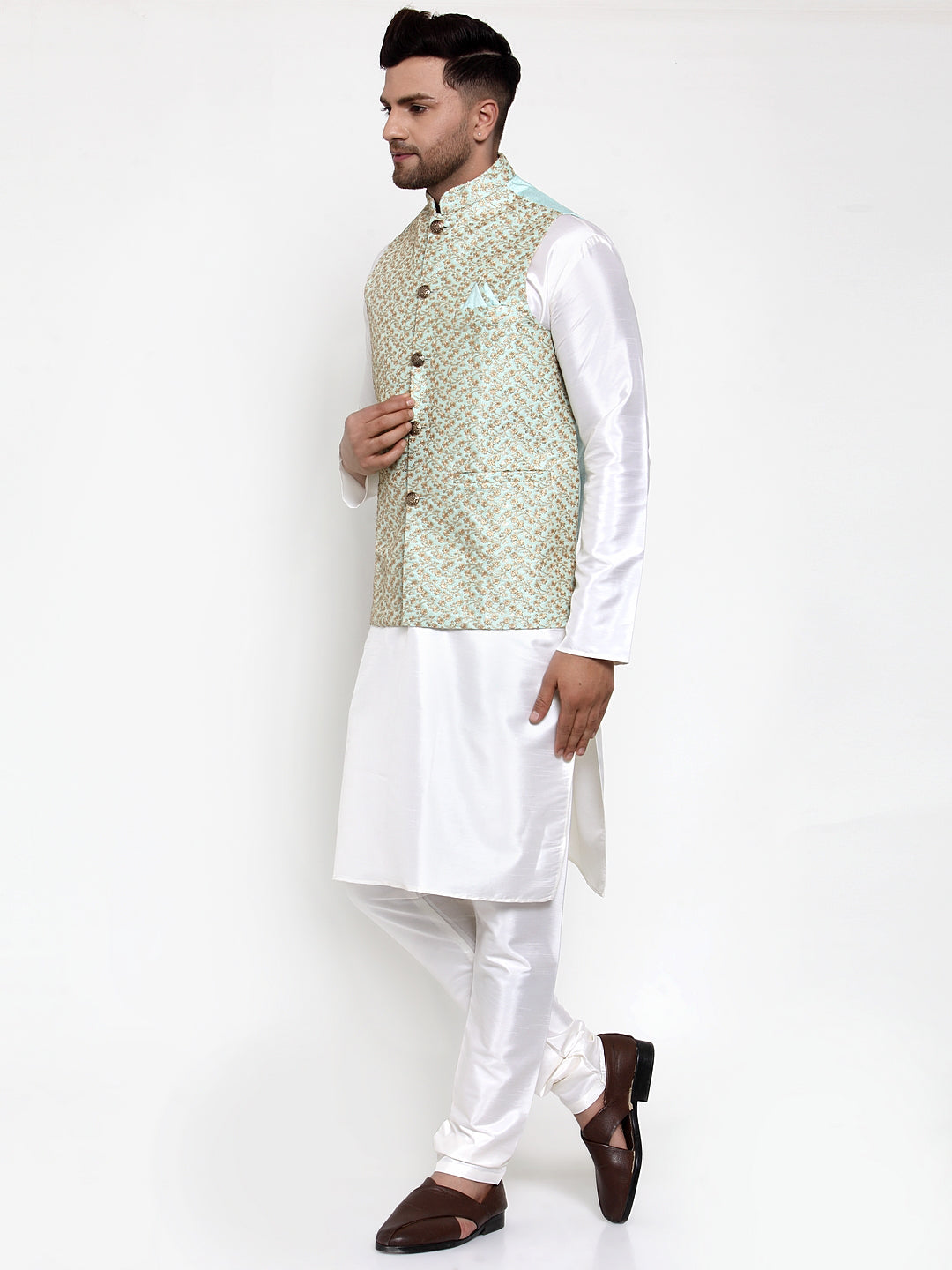 Jompers Men's Solid Dupion Kurta Pajama with Embroidered Nehru Jacket (Sky) - Distacart