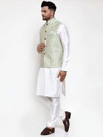 Thumbnail for Jompers Men's Solid Dupion Kurta Pajama with Embroidered Nehru Jacket (Sky) - Distacart