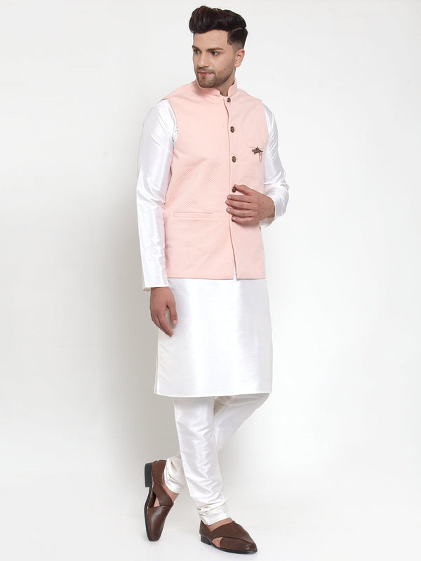 Jompers Men's Solid Dupion Kurta Pajama with Woven Nehru Jacket (Peach) - Distacart