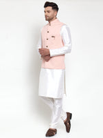 Thumbnail for Jompers Men's Solid Dupion Kurta Pajama with Woven Nehru Jacket (Peach) - Distacart
