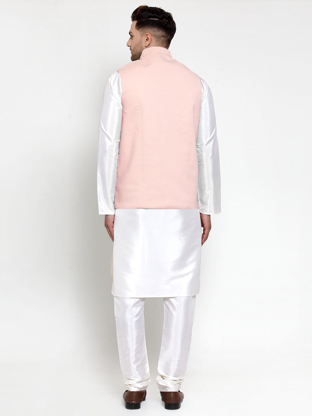Jompers Men's Solid Dupion Kurta Pajama with Woven Nehru Jacket (Peach) - Distacart