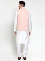 Thumbnail for Jompers Men's Solid Dupion Kurta Pajama with Woven Nehru Jacket (Peach) - Distacart