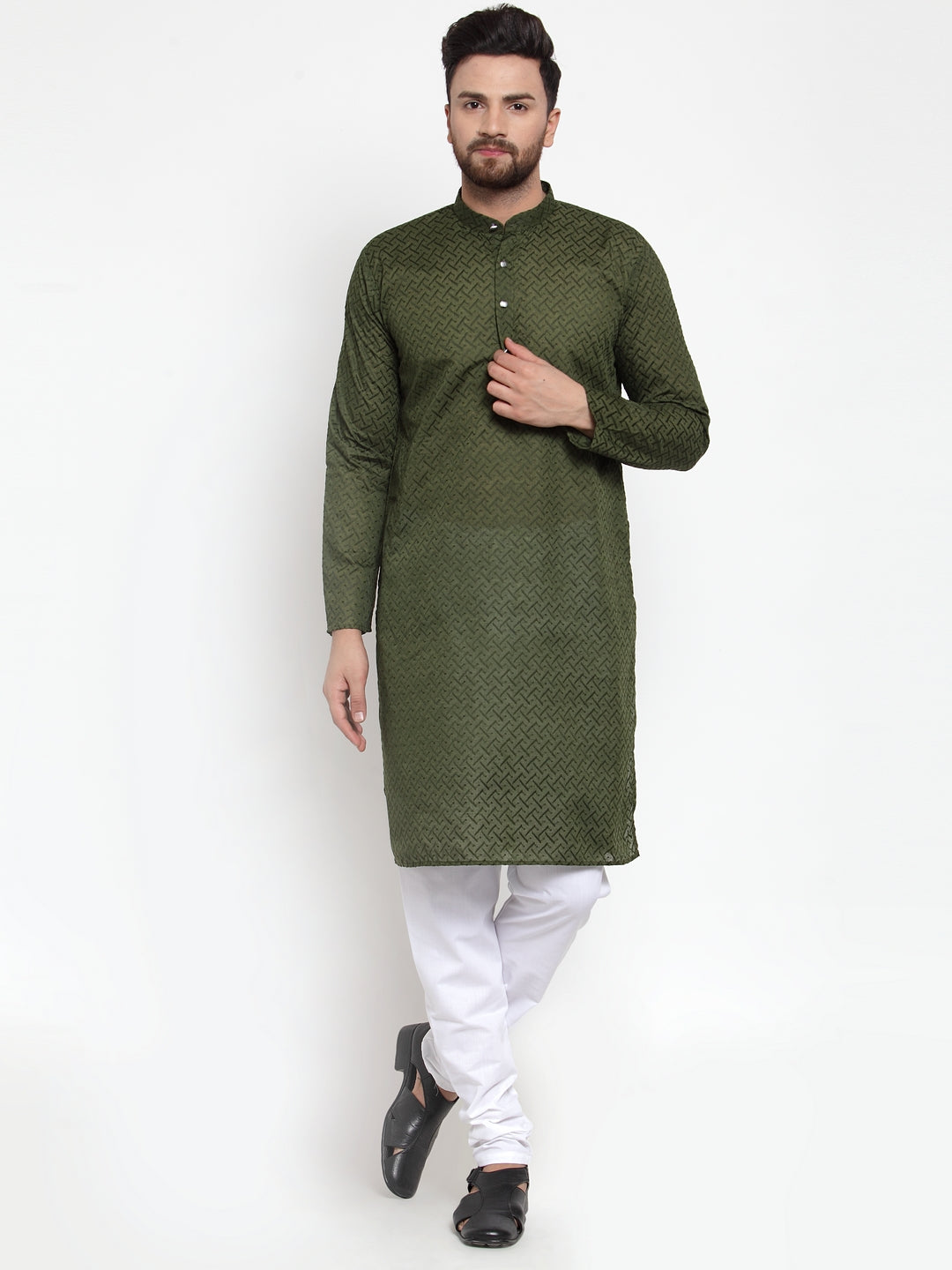 Jompers Men Olive Green Chikan Kurta with Churidar - Distacart
