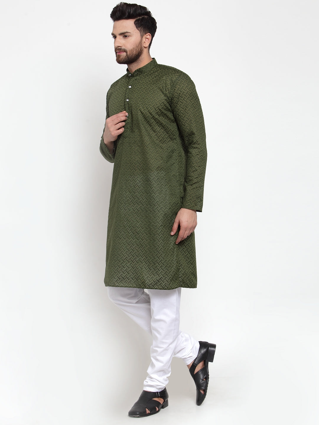 Jompers Men Olive Green Chikan Kurta with Churidar - Distacart