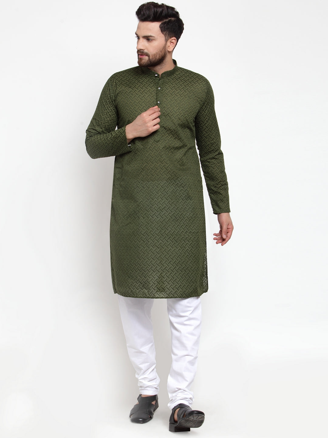 Jompers Men Olive Green Chikan Kurta with Churidar - Distacart