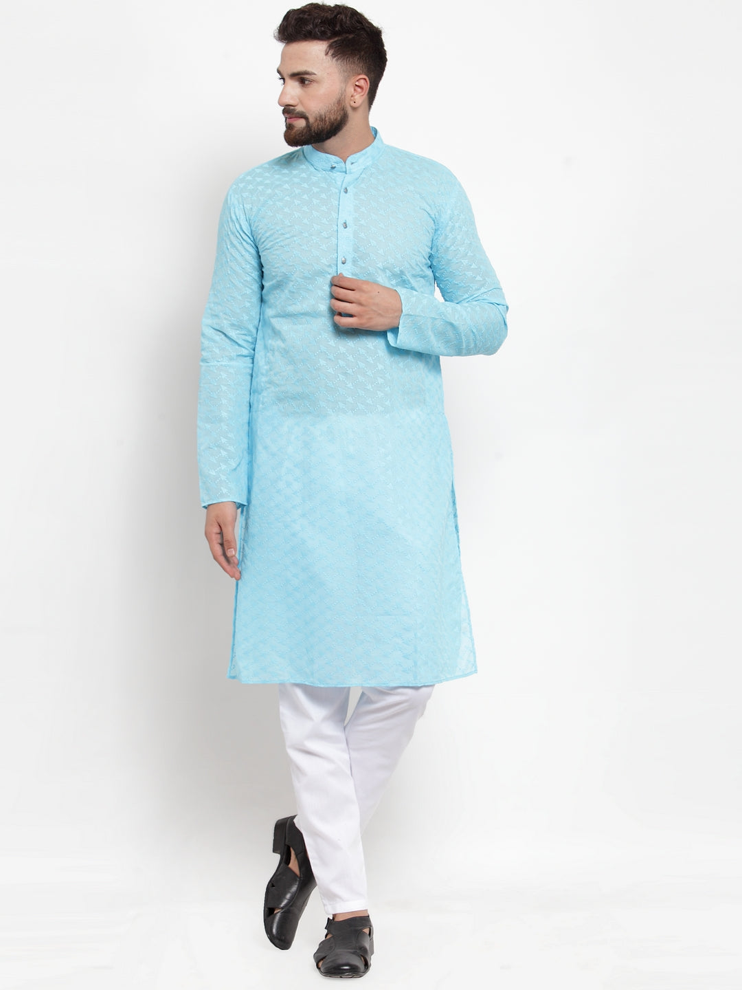 Jompers Men Sky Blue Chikan Kurta with Churidar - Distacart