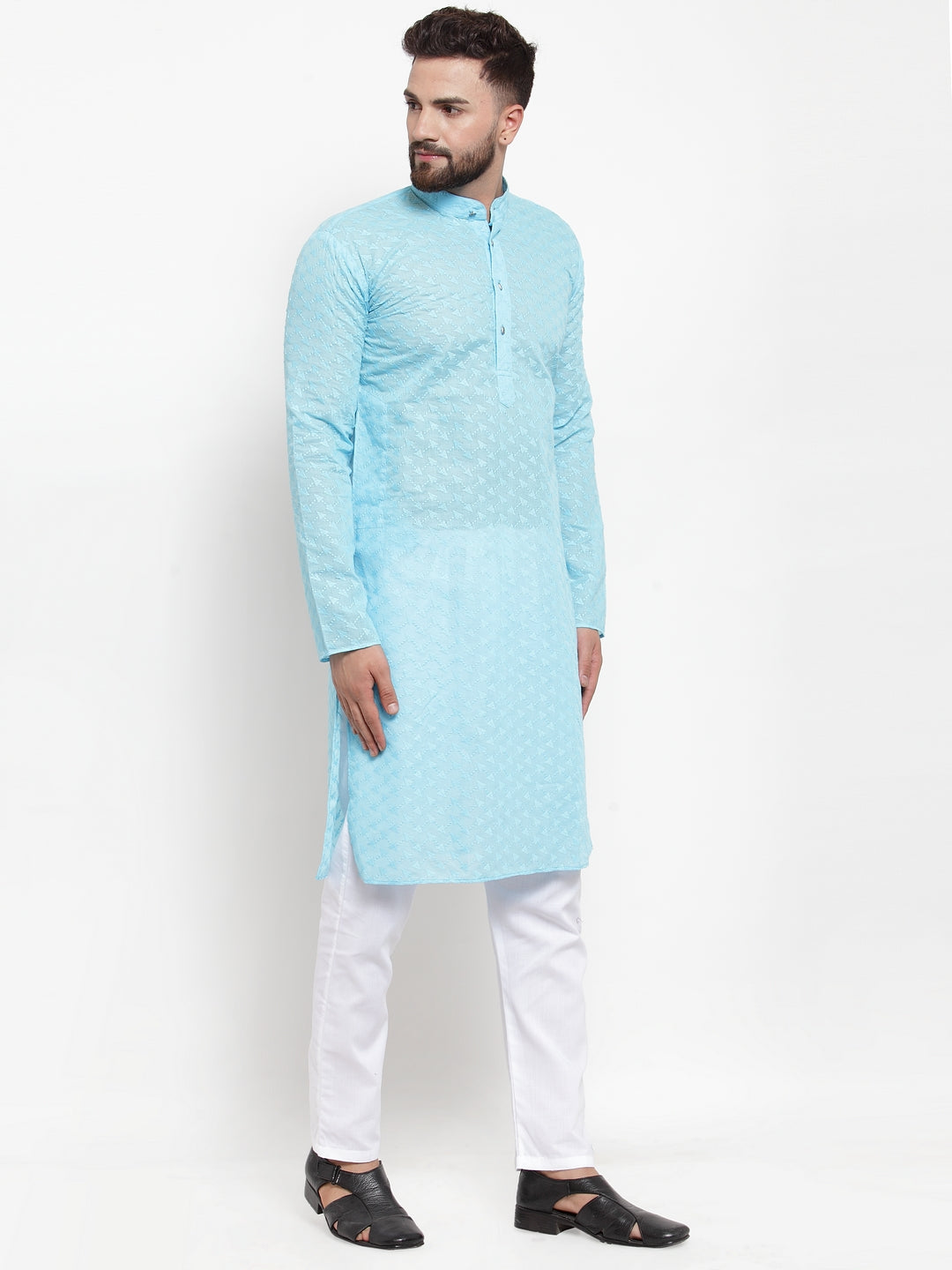 Jompers Men Sky Blue Chikan Kurta with Churidar - Distacart