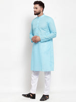 Thumbnail for Jompers Men Sky Blue Chikan Kurta with Churidar - Distacart