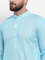 Thumbnail for Jompers Men Sky Blue Chikan Kurta with Churidar - Distacart