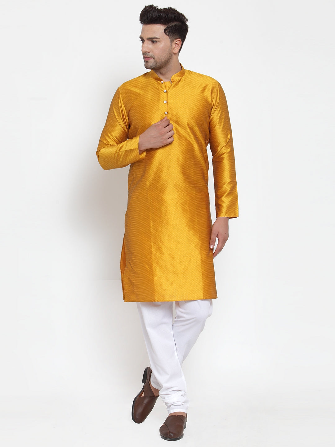Jompers Men's Yellow Jacquard Kurta Only