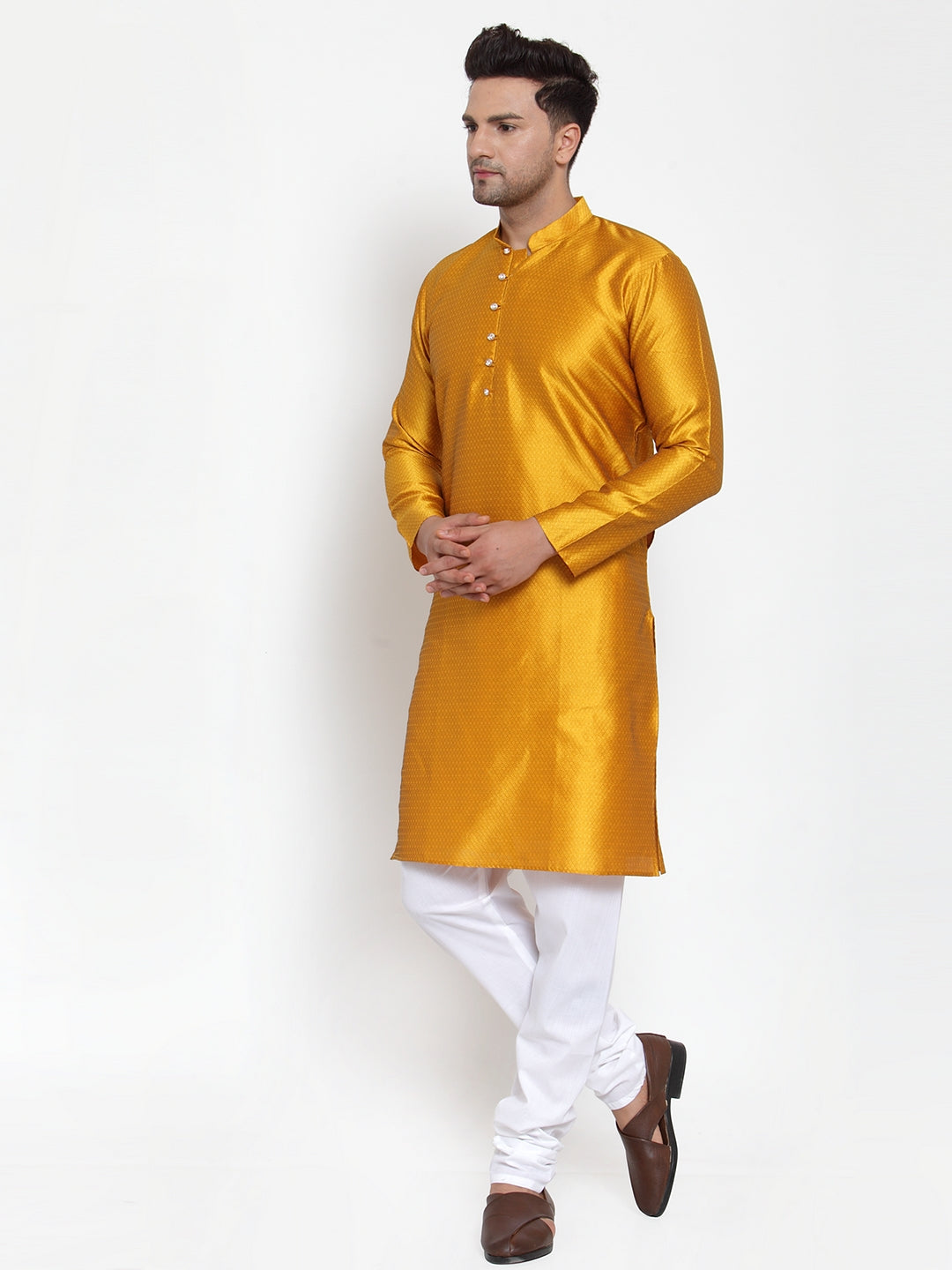 Jompers Men's Yellow Jacquard Kurta Only