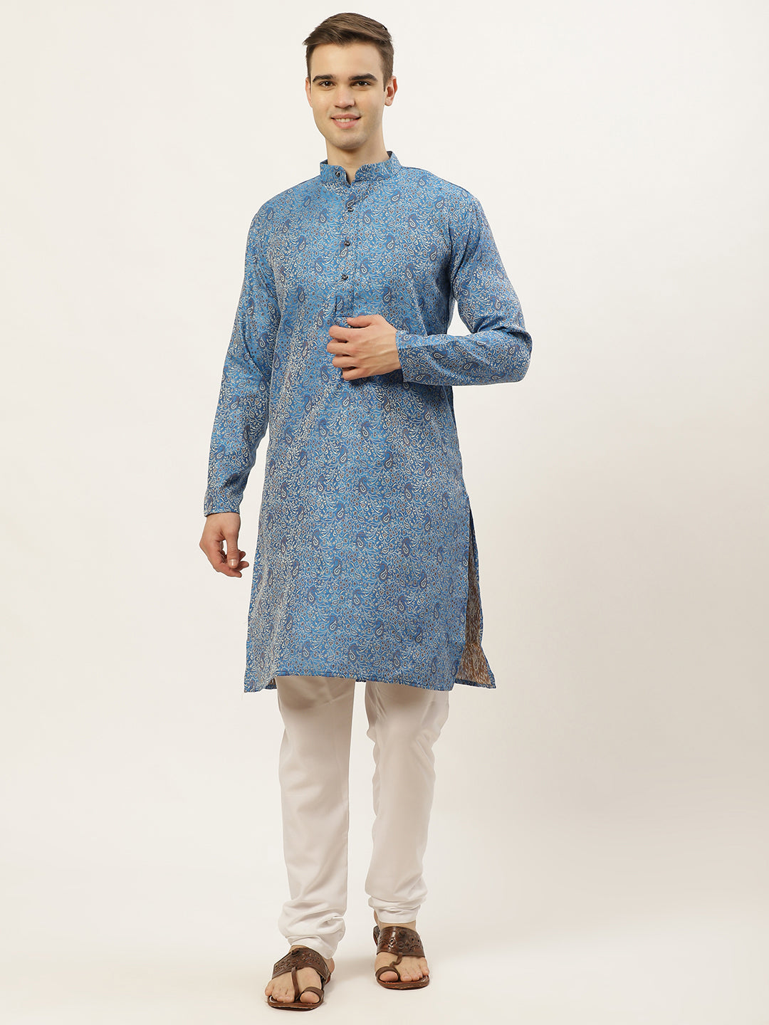 Jompers Men's Blue Printed Jacquard Kurta Payjama Sets