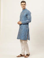Thumbnail for Jompers Men's Blue Printed Jacquard Kurta Only
