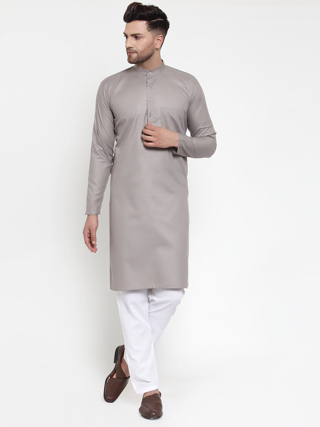 Jompers Men Grey & White Solid Kurta with Churidar - Distacart