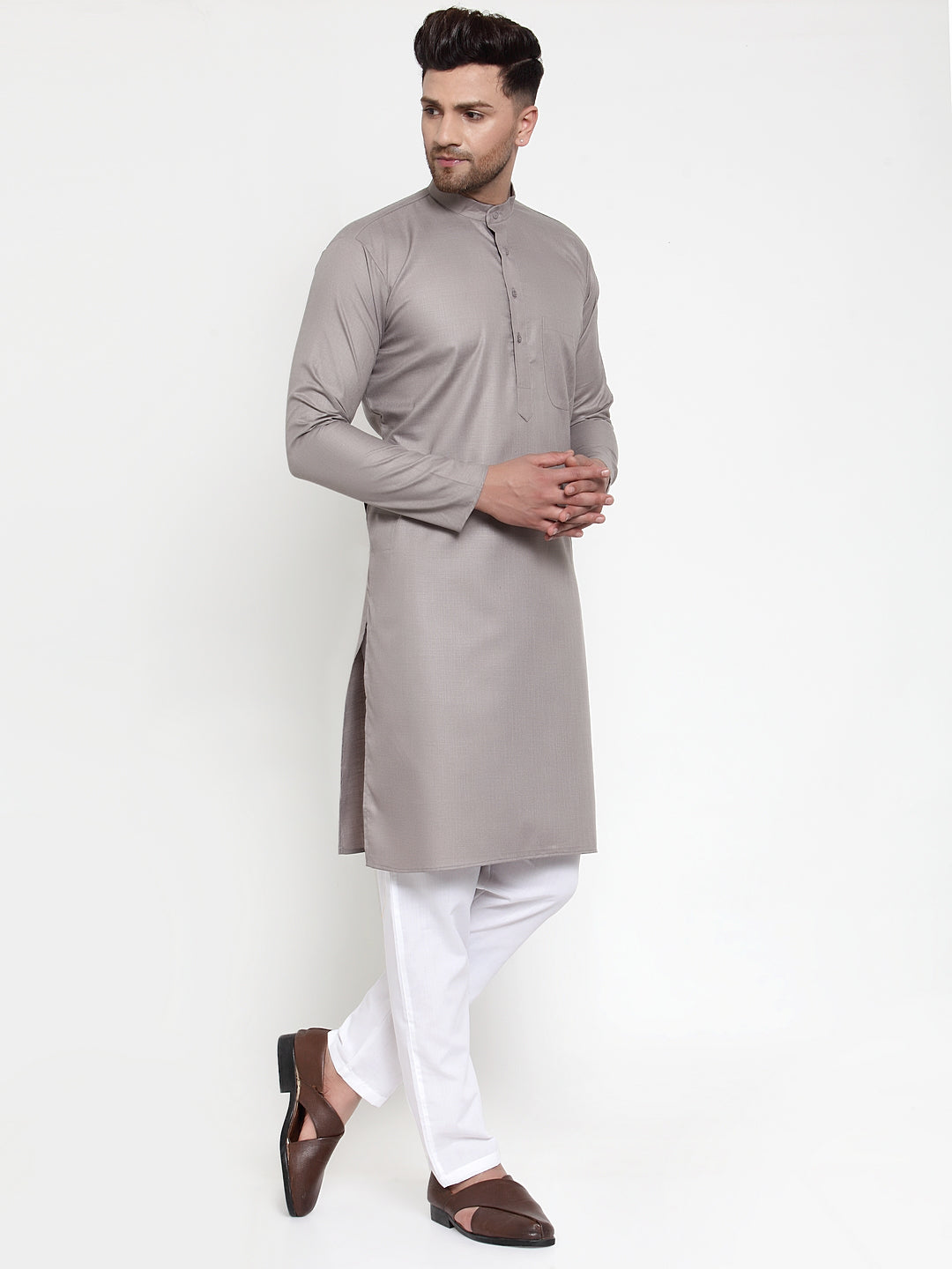 Jompers Men Grey & White Solid Kurta with Churidar - Distacart