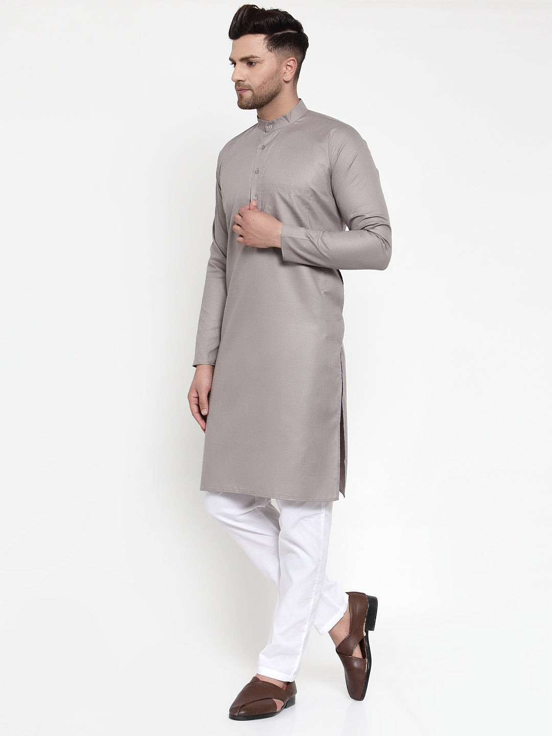 Jompers Men Grey & White Solid Kurta with Churidar - Distacart