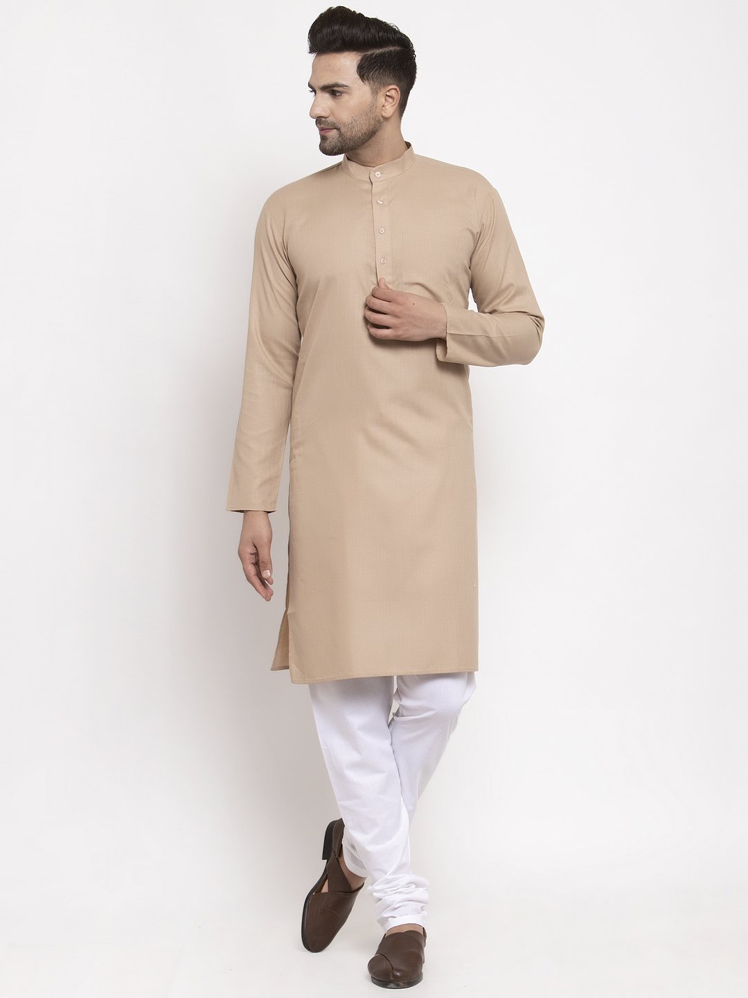 Jompers Men Light-Brown & White Solid Kurta Only - Distacart