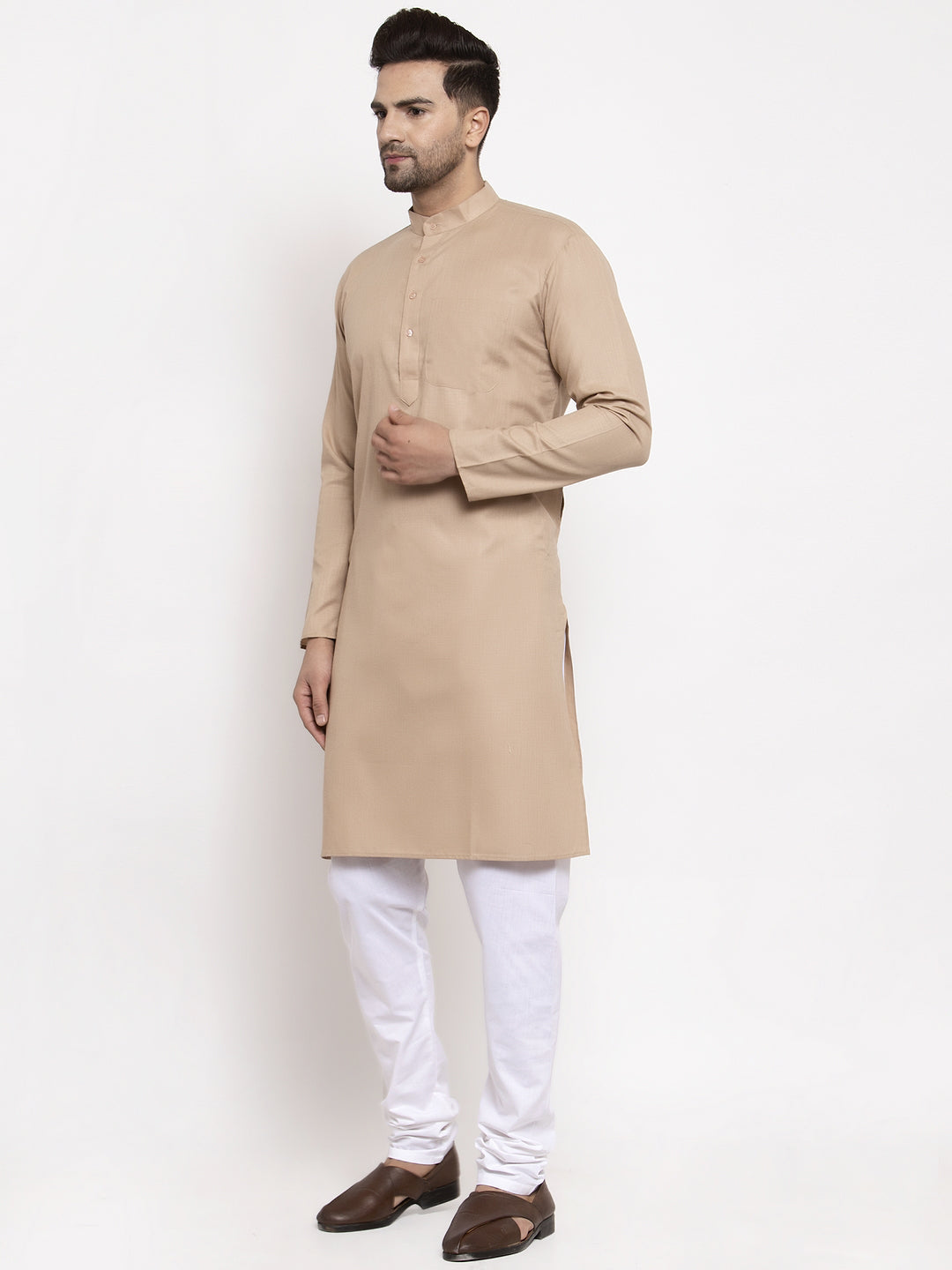Jompers Men Light-Brown & White Solid Kurta with Churidar - Distacart