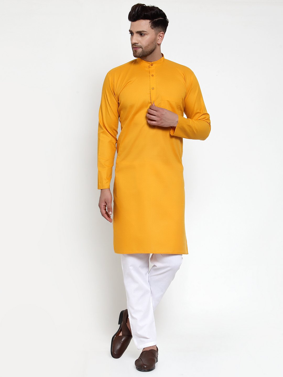 Jompers Men Mustard Yellow & White Solid Kurta Only - Distacart