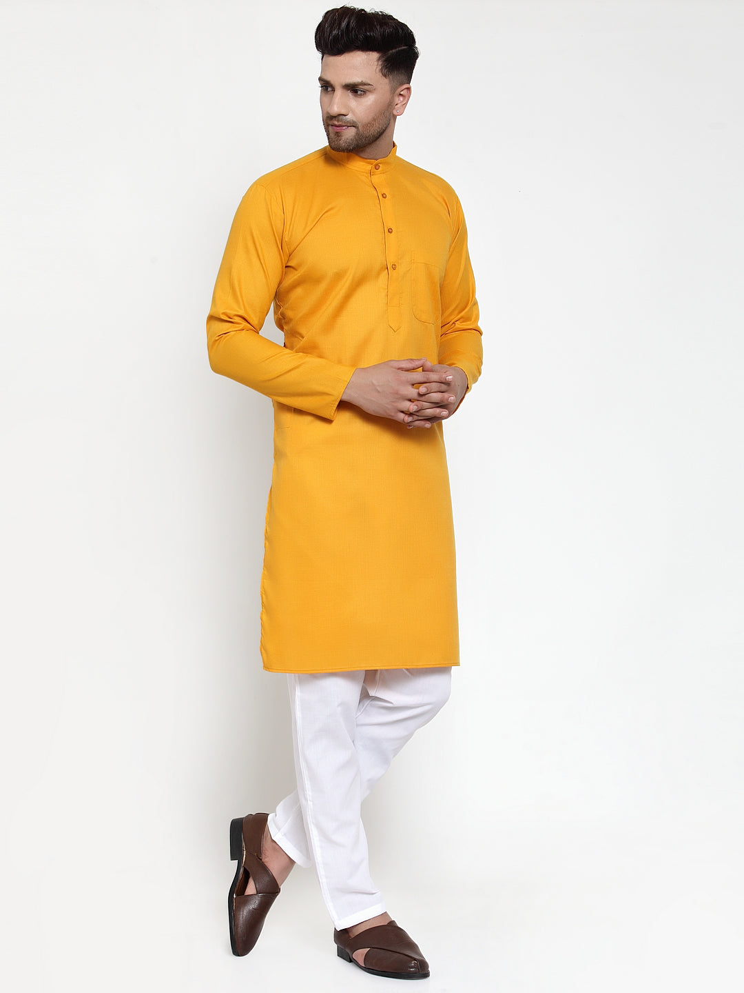 Jompers Men Mustard Yellow & White Solid Kurta with Churidar - Distacart