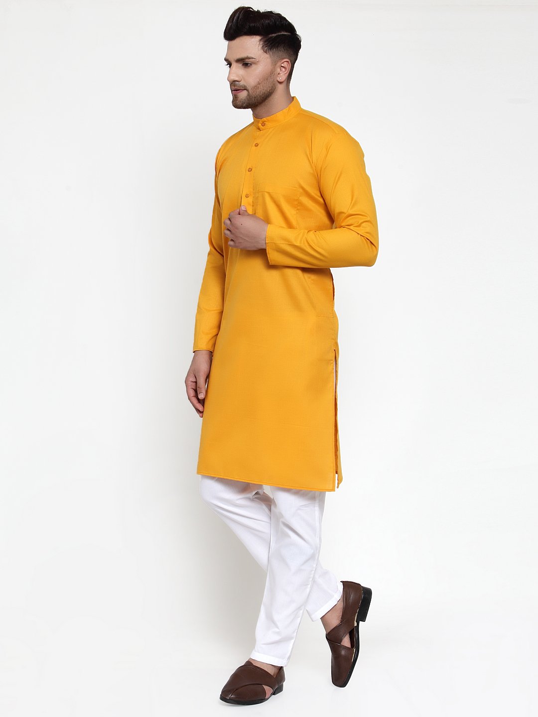 Jompers Men Mustard Yellow & White Solid Kurta Only - Distacart