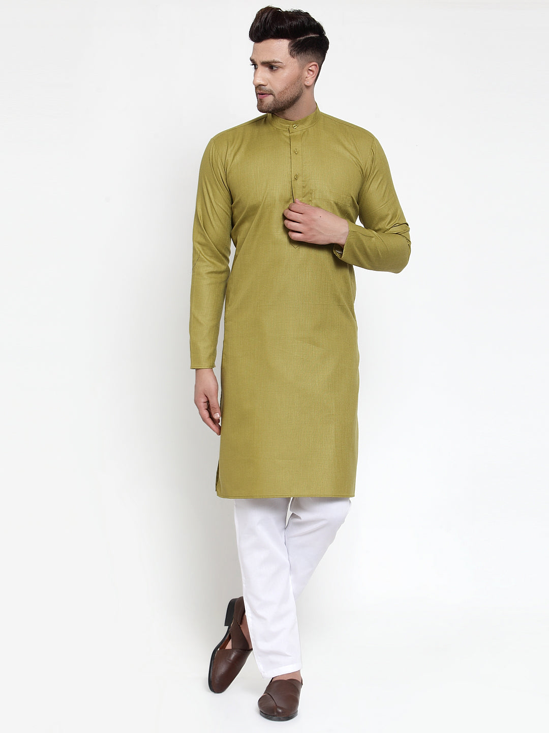 Jompers Men Olive Green & White Solid Kurta with Churidar - Distacart