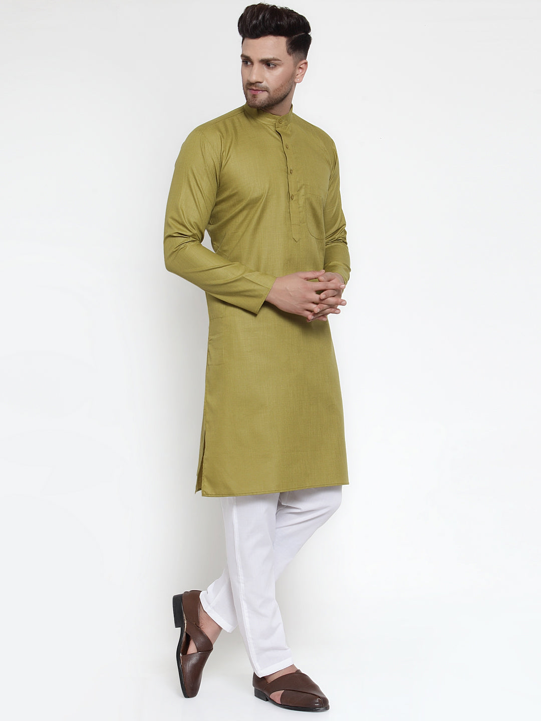 Jompers Men Olive Green & White Solid Kurta with Churidar - Distacart