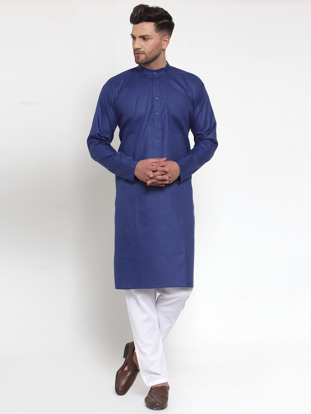 Jompers Men Royal-Blue & White Solid Kurta Only - Distacart