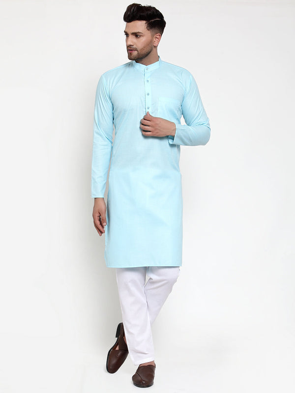 Jompers Men Sky-Blue & White Solid Kurta with Churidar - Distacart