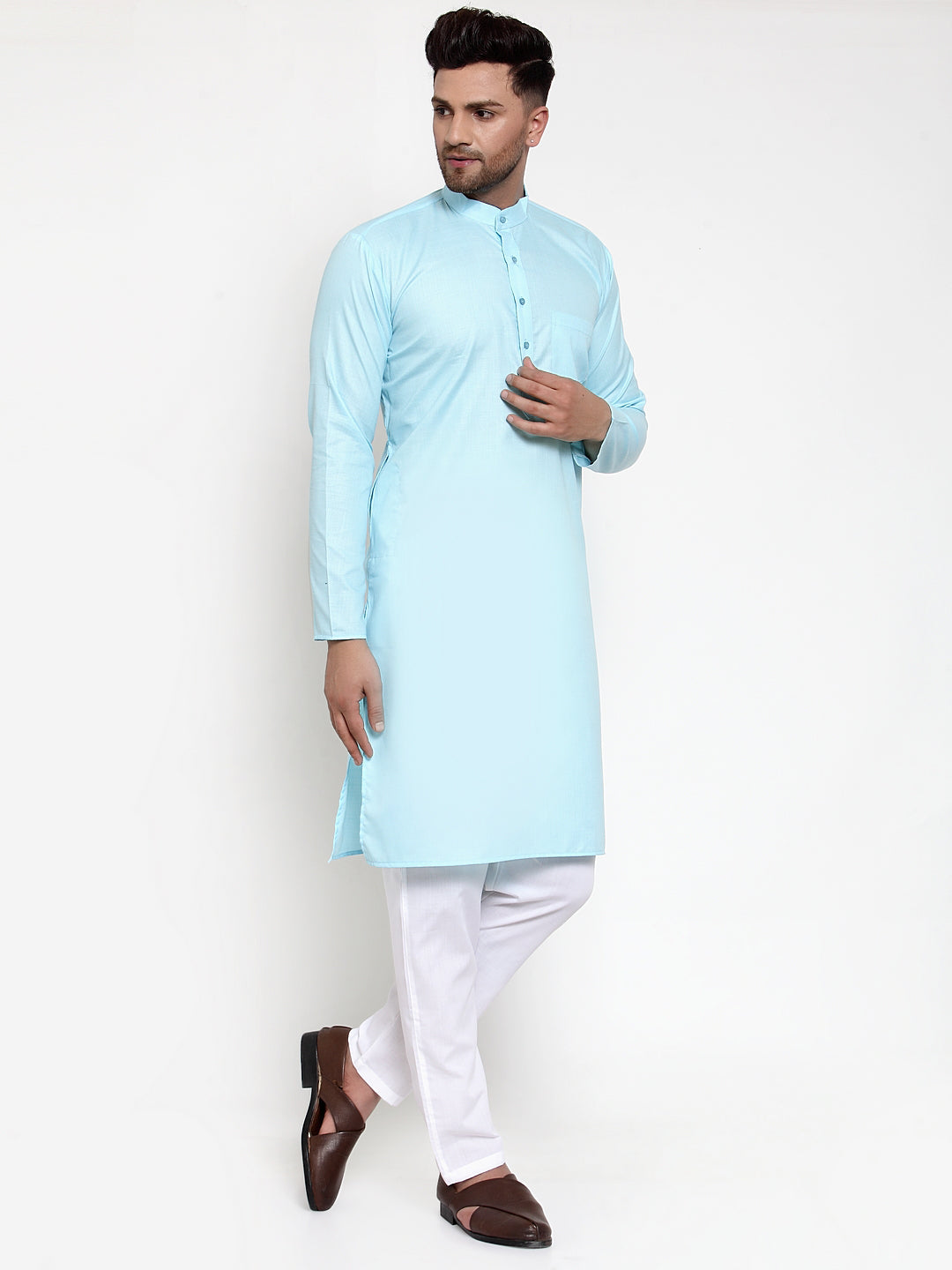Jompers Men Sky-Blue & White Solid Kurta with Churidar - Distacart