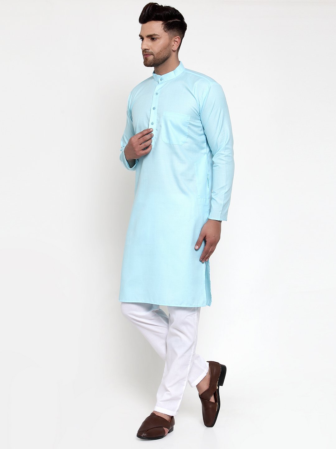 Jompers Men Sky-Blue & White Solid Kurta Only - Distacart