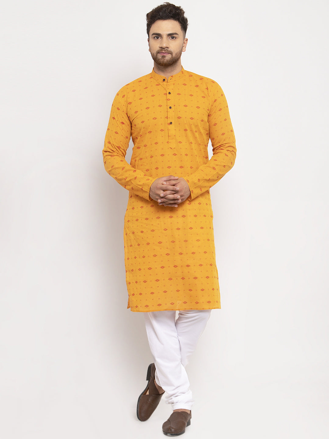 Jompers Men Yellow & White Cotton Printed Kurta with Pyjamas - Distacart