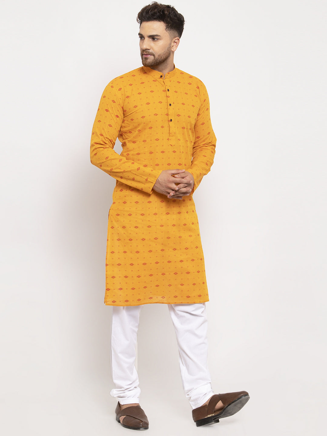 Jompers Men Yellow & White Cotton Printed Kurta with Pyjamas - Distacart