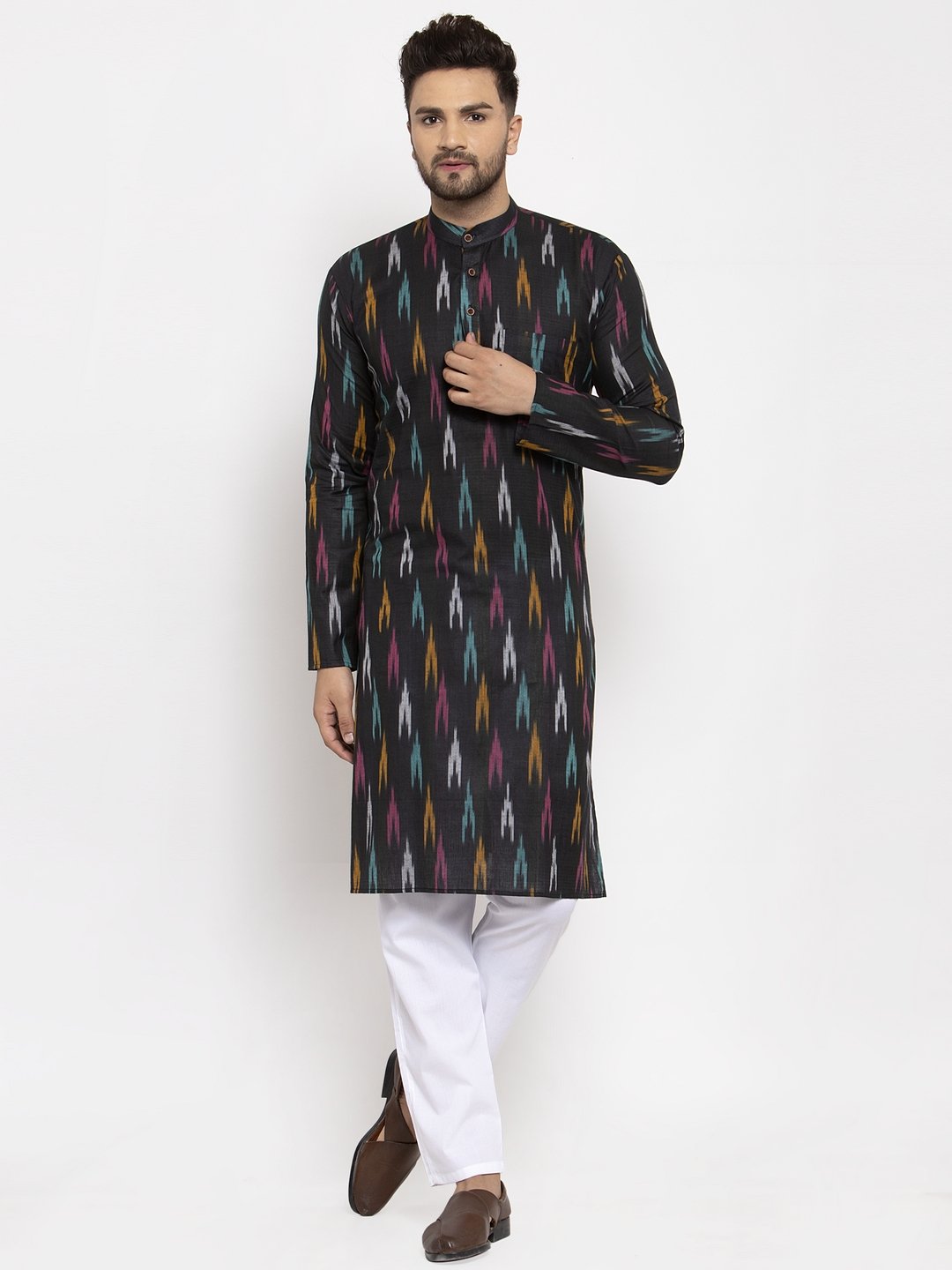 Jompers Men Black Woven Design Ikkat Straight Kurta Only - Distacart