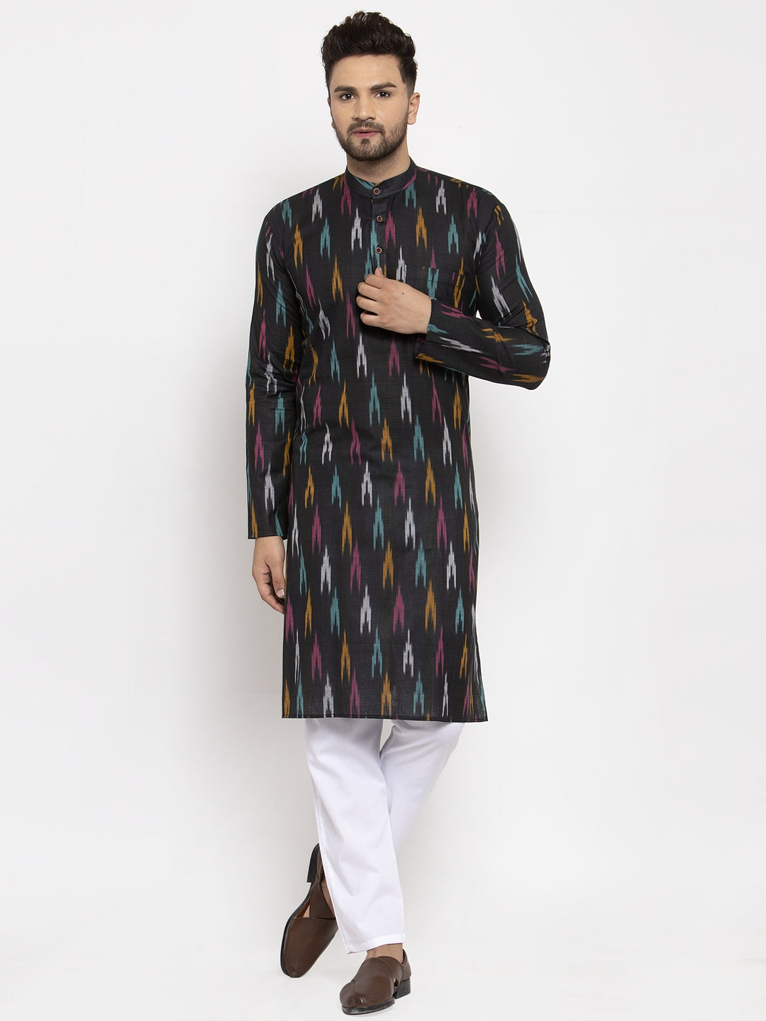 Jompers Men Black Woven Design Ikkat Straight Kurta with Churidar - Distacart
