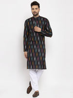 Thumbnail for Jompers Men Black Woven Design Ikkat Straight Kurta with Churidar - Distacart