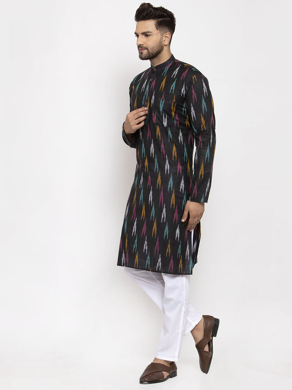 Jompers Men Black Woven Design Ikkat Straight Kurta with Churidar - Distacart