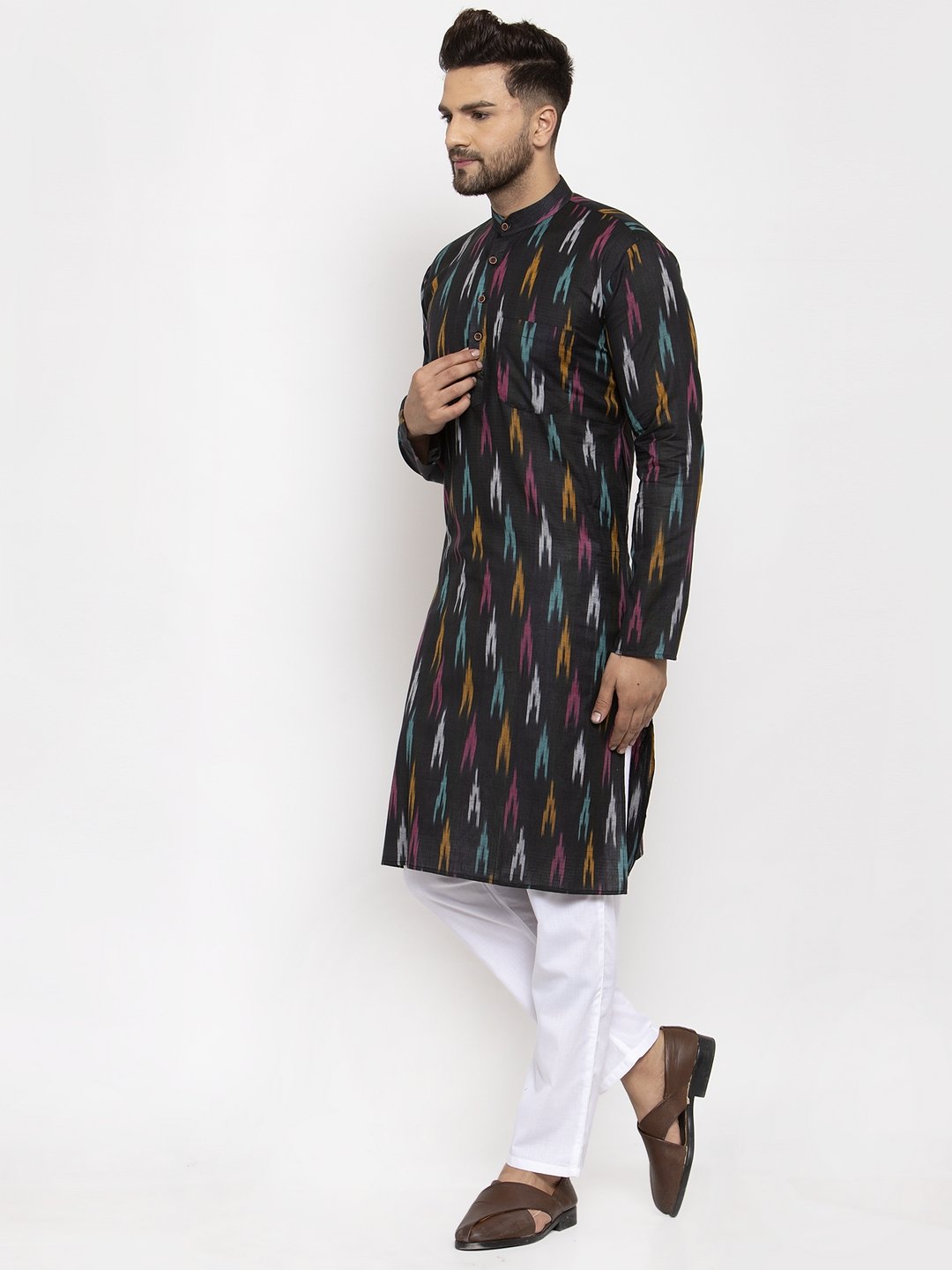 Jompers Men Black Woven Design Ikkat Straight Kurta Only - Distacart