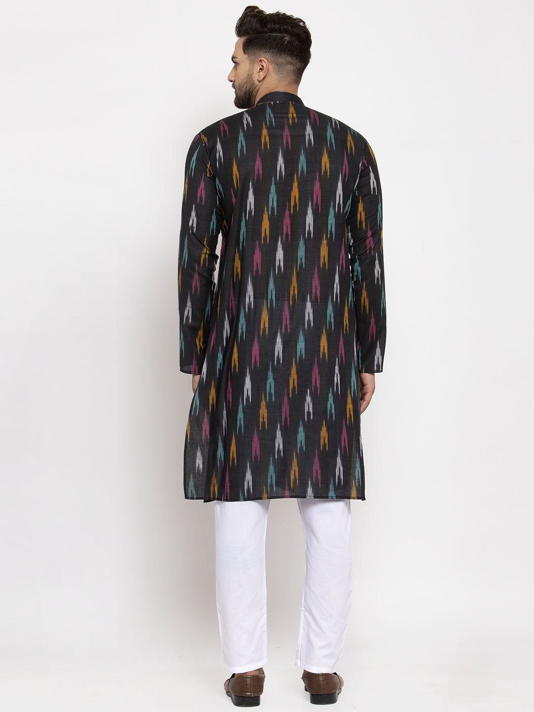 Jompers Men Black Woven Design Ikkat Straight Kurta with Churidar - Distacart