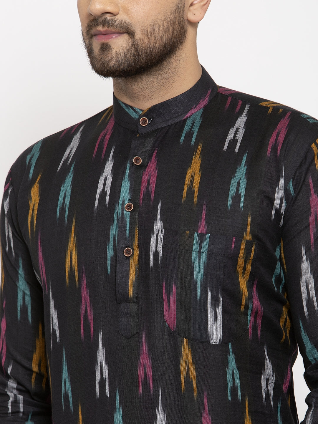Jompers Men Black Woven Design Ikkat Straight Kurta with Churidar - Distacart