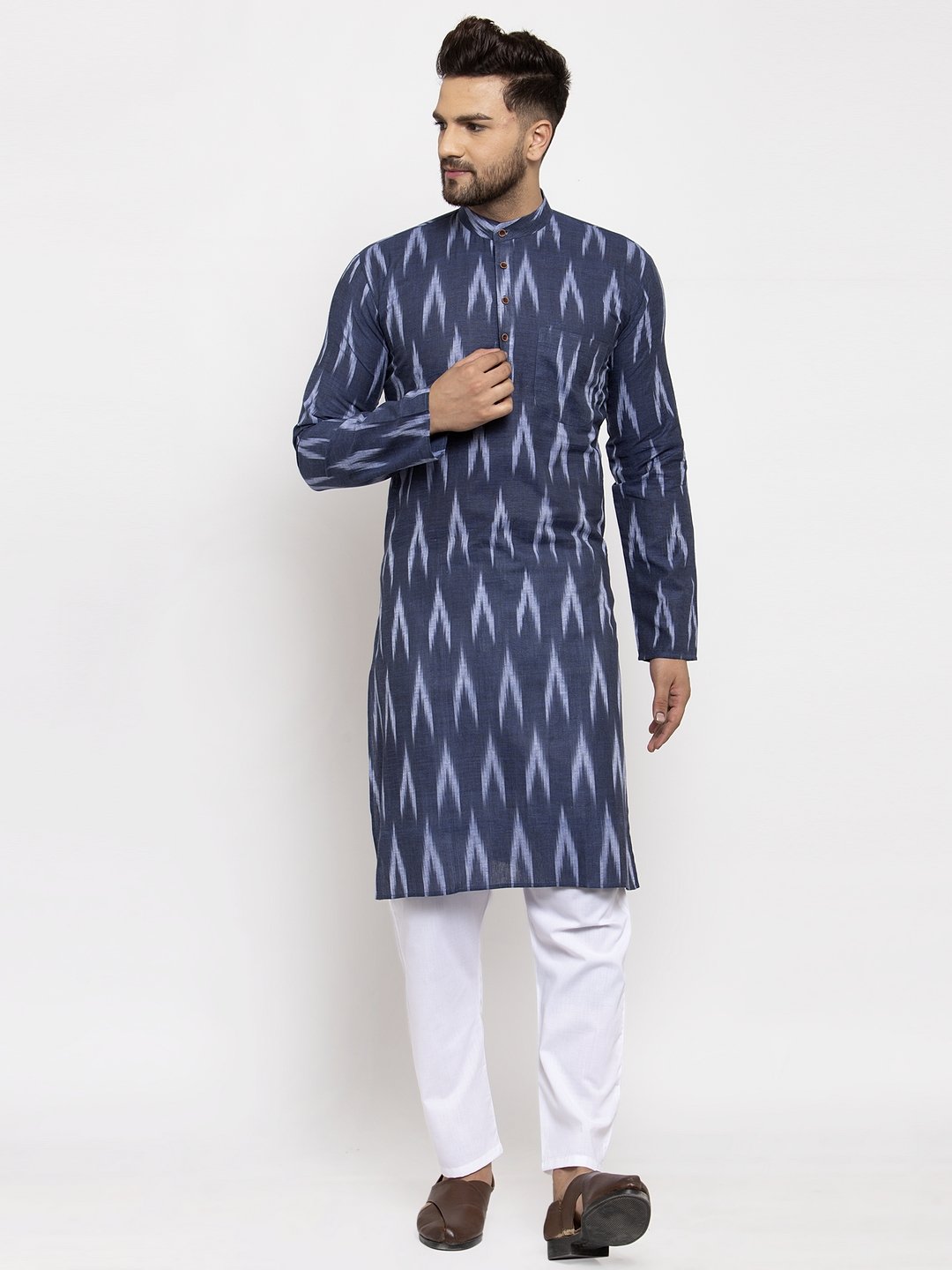 Jompers Men Blue Woven Design Ikkat Straight Kurta Only - Distacart