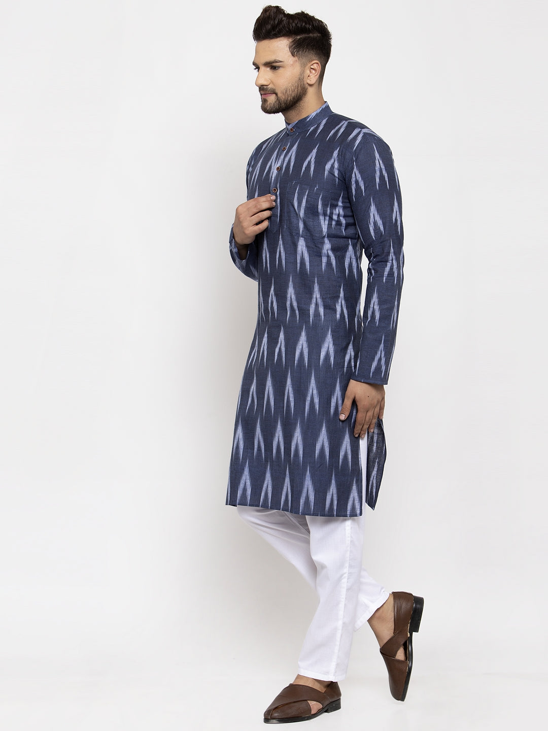 Jompers Men Blue Woven Design Ikkat Straight Kurta with Churidar - Distacart