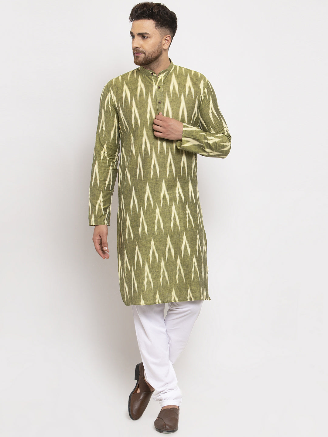 Jompers Men Green Woven Design Ikkat Straight Kurta with Churidar - Distacart