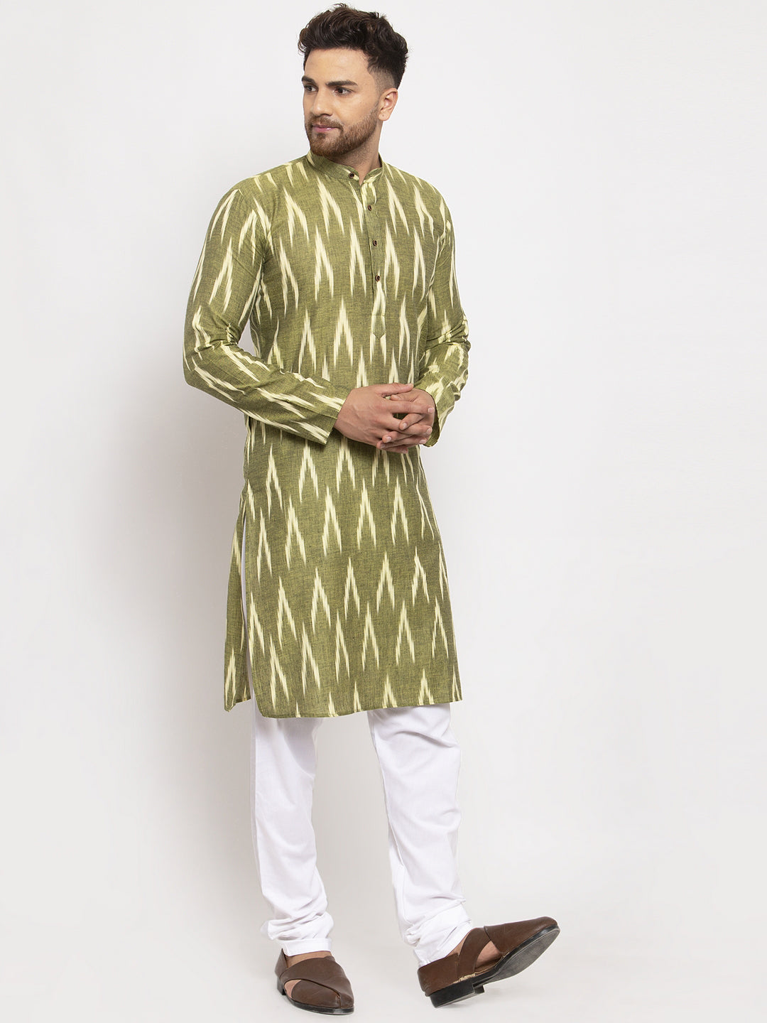 Jompers Men Green Woven Design Ikkat Straight Kurta with Churidar - Distacart