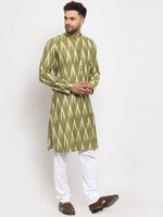 Thumbnail for Jompers Men Green Woven Design Ikkat Straight Kurta with Churidar - Distacart
