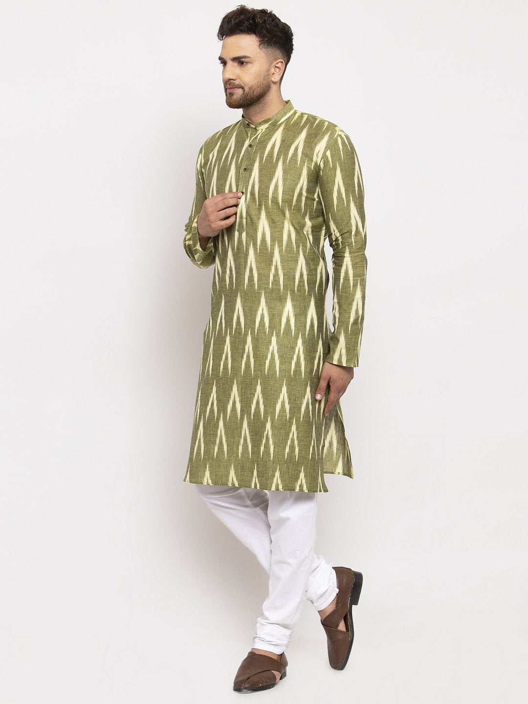 Jompers Men Green Woven Design Ikkat Straight Kurta Only - Distacart
