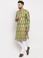 Thumbnail for Jompers Men Green Woven Design Ikkat Straight Kurta with Churidar - Distacart