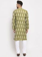 Thumbnail for Jompers Men Green Woven Design Ikkat Straight Kurta with Churidar - Distacart